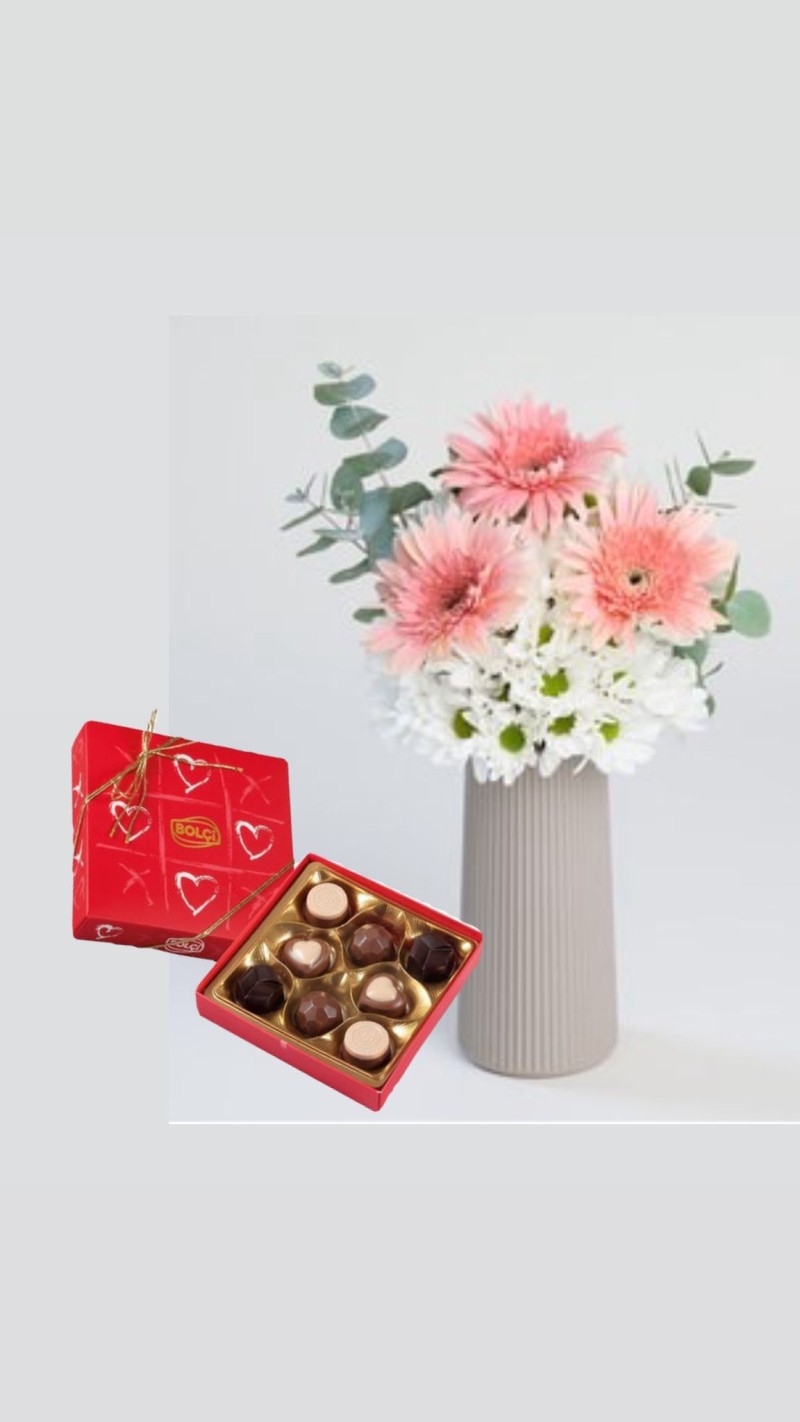 Bej Vazoda Papatya Gerbera &Çikolata